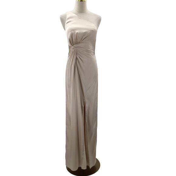 AW BRIDAL 4 S champagne cream satin one shoulder bridesmaid maxi dress NEW B36 - Picture 1 of 9